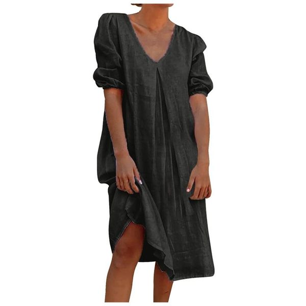 

casual dresses 2021 summer puff sleeve v-neck floral dress women's loose elegant beach holiday sundress vestidos, Black;gray