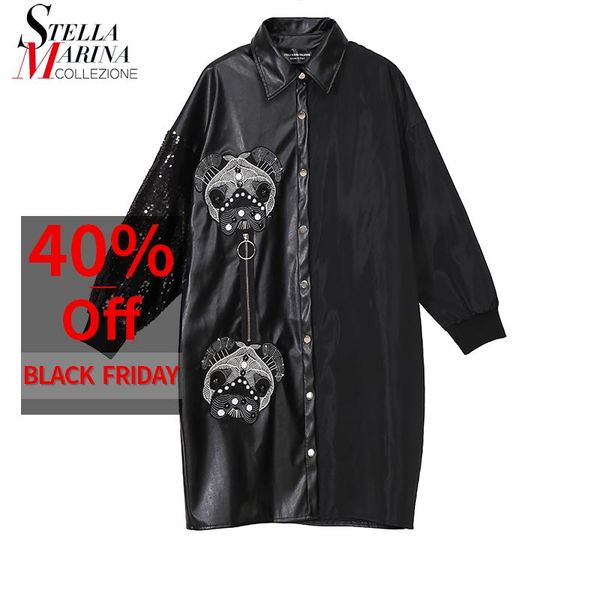 

women's trench coats 2021 korean style women black faux leather coat long sleeve sequins dog patches female casual wear loose jacket 40, Tan;black