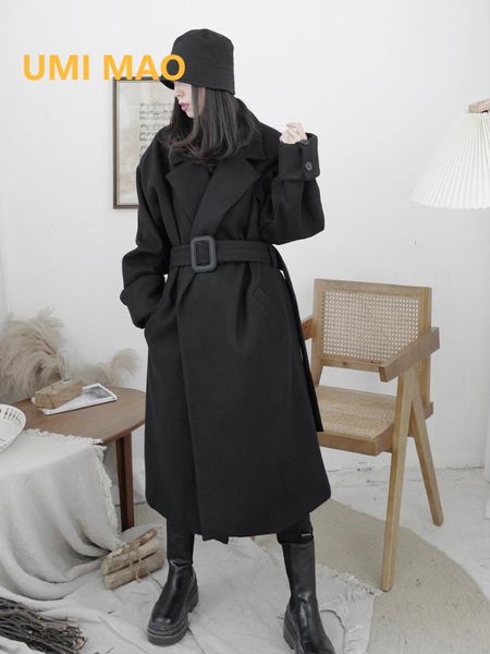 

women's wool & blends umi mao winter niche design sense large waist buckle decoration loose woolen coat deconstructed wide version wind, Black