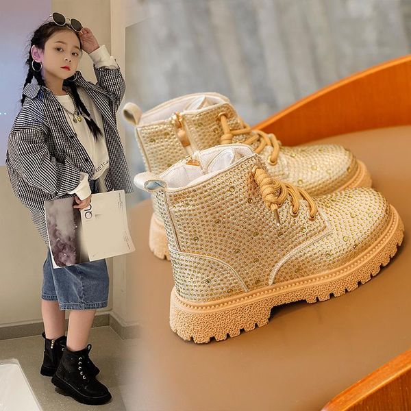 

boots autumn 2022 girls shoes non-slip children rhinestone kid ankle booties winter retro golden casual, Black;grey