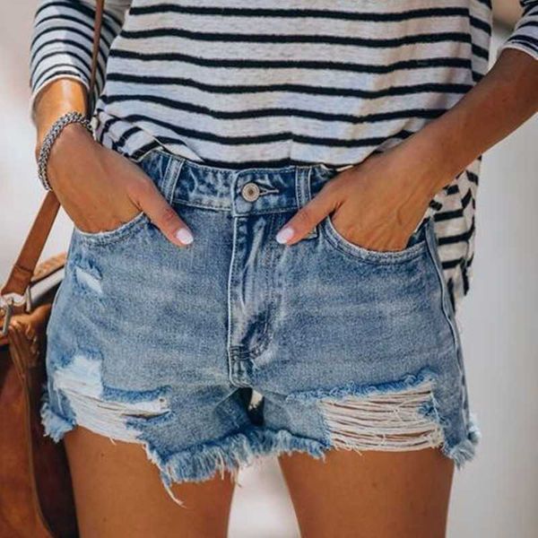 

jeans 2021 summer loose button hole tassel shorts pants women's wear, Blue