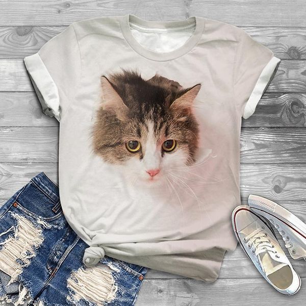 

women's t-shirt summer casual funny cute cat 3d printed women shirt sleeve o neck stripe t lady street hipster pullovers, White