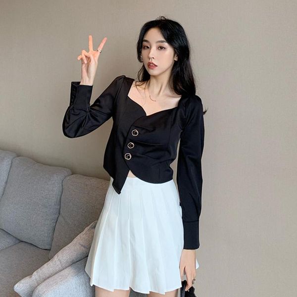 

autumn short paragraph personality artistic sense irregular shirt square collar long sleeve women women's blouses & shirts, White