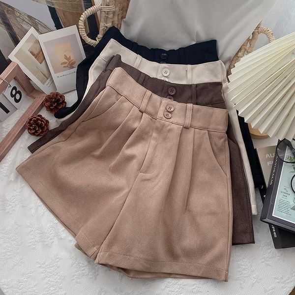 

women's shorts formal double-breasted button high waist slim 2021 autumn winter casual short pants korean elegant wide leg boots, White;black