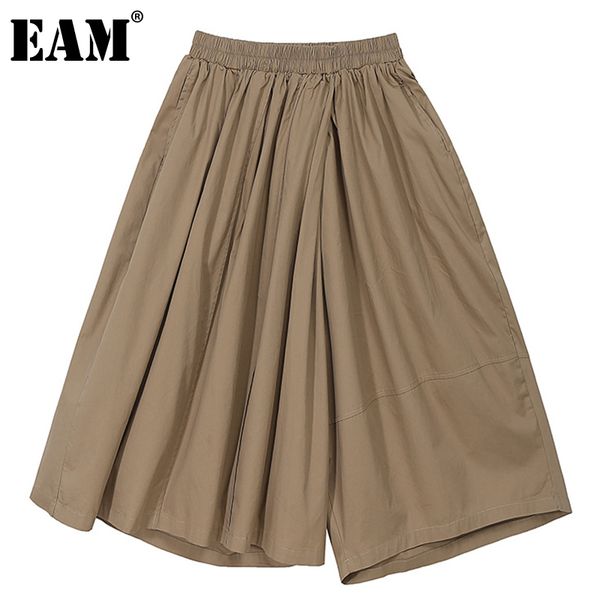 [EAM] Hohe Elastische Taille Große Größe Khaki Gefaltete Lange Hosen Lose Fit Wadenlangen Hosen Frauen Mode Sommer 1DD6479 21512