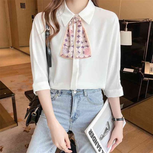 

women's white chiffon blouse female plus size loose short sleeve bow shirts lady simple style clothes 210507