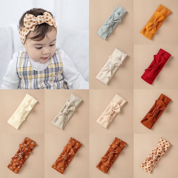 

girls cotton dot floral print bows headband elastic hair band vintage baby soft kids solid color head wrap accessories, Slivery;white