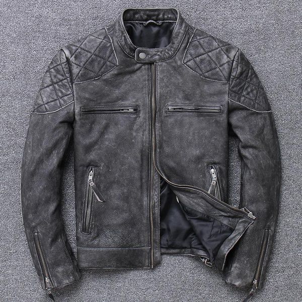 

men's leather & faux brown 2021 vintage men short biker's jacket plus size xxxl genuine cowhide spring slim fit motorcycle coat, Black
