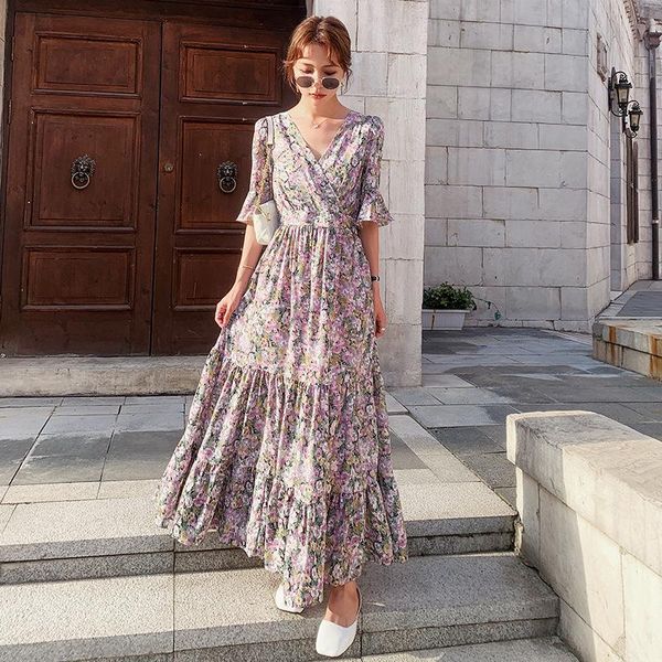 

party dresses 2021 french spring summer women's floral chiffon dress femme robe long sleeve fashion v-neck vintage boho, White;black