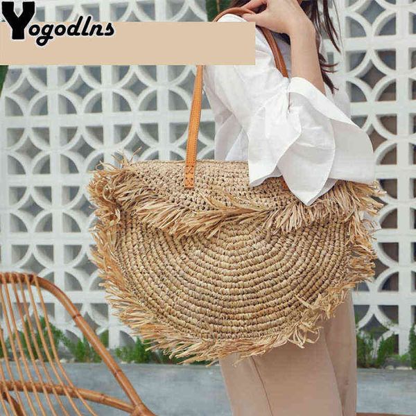 

shopping bags bohemian round tassel women straw bag designer spike paper rattan shoulder large casual handbags summer beach woven purses2203