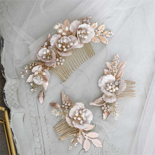 

gold color flower hair jewelry bridal comb pin leaf headpiece handmade wedding accessories women ornament 211019, Silver