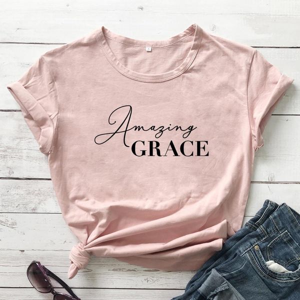 

amazing grace 100%cotton scripture christian womens t shirts casual short sleeve jesus religion graphic tees v neck drop ship, White