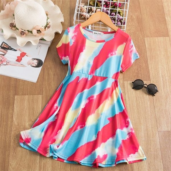 

girl's dresses rainbow girls princess dress for kids summer bohemian tie dye print sundress children clothes holiday beach party costum, Red;yellow