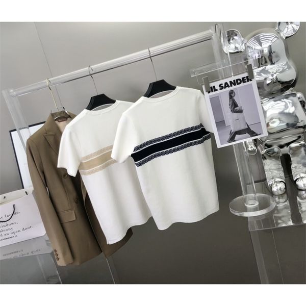 

2022 spring summer striped jacquard knitted half sleeve women's pullover loose short sleeve, White