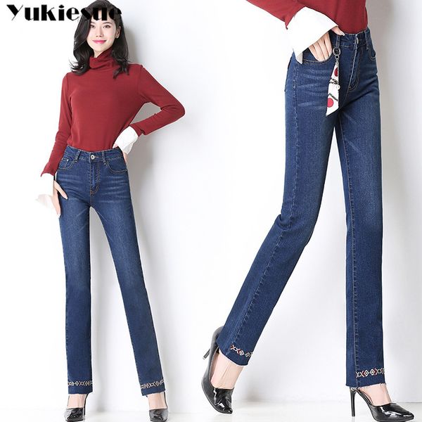 

stretch embroidery jeans for women winter high waist straight plus size jeans woman denim women's trousers female jean winter 210519, Blue