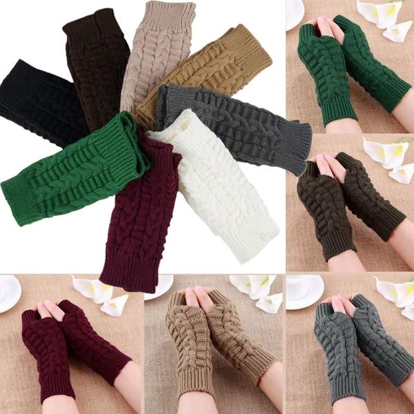

five fingers gloves 2021 women twist crochet knitted fingerless short arm sleeve hand warmer mittens winter warm solid simple guantes mujer, Blue;gray