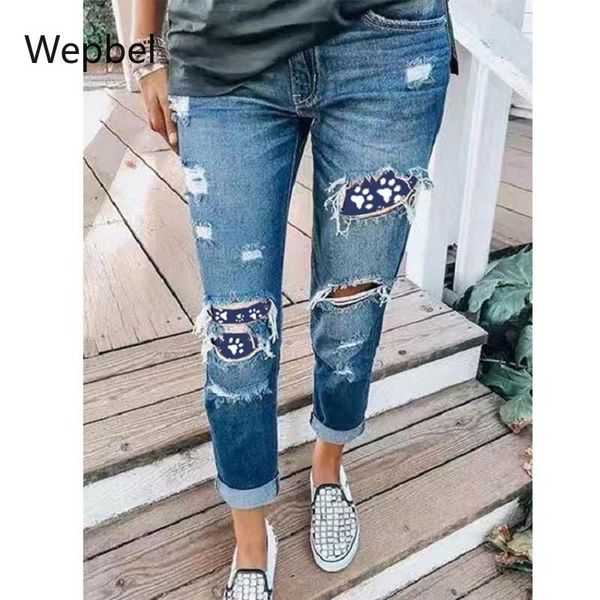 

women's pants & capris wepbel plus size mid waist denim jeans with holes summer fashion casual washed straight trousers, Black;white