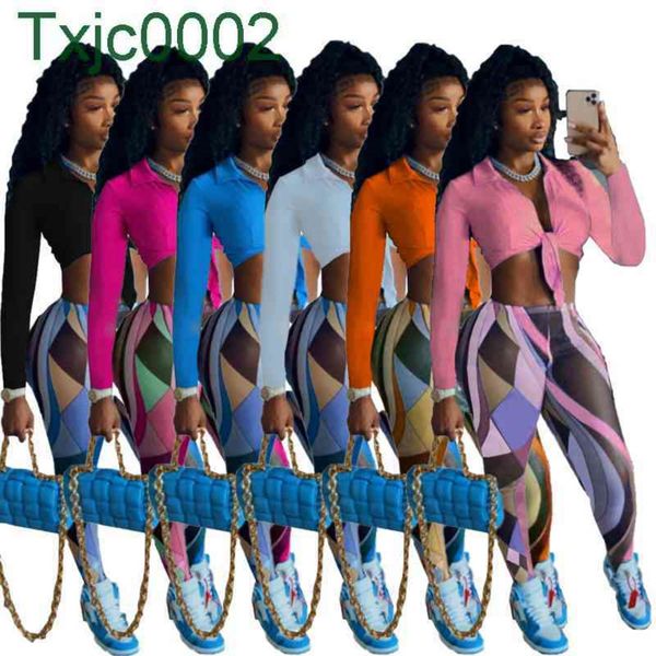 

women tracksuits designer printed two piece matching long sleeve shirt turn down collar crop workout legging female clothes 6 colours, Gray