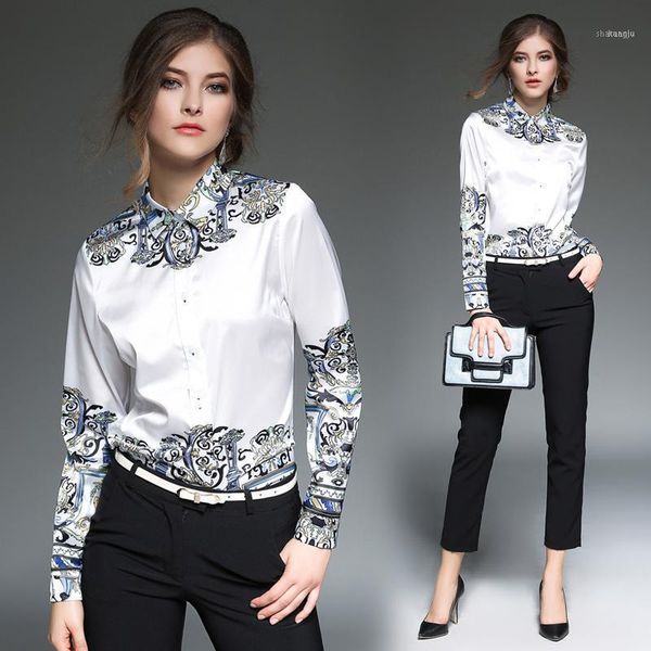 

spring summer fall runway vintage baroque striped print collar long sleeve womens ladies' party casual shirts blouse1, White