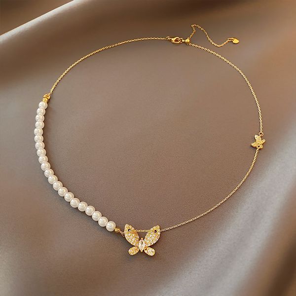 

xianlan468 butterfly pearl necklace female collarbone chain of luxury in summer new niche ins cold wind dust neck chain, Silver