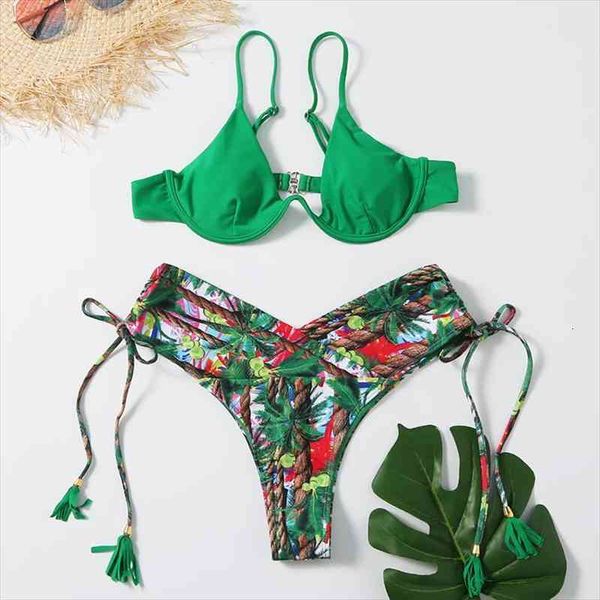 

tropical print bathing suit women v waist underwire bikini push up swimwear 2 piece set women bra and panty set, White;black