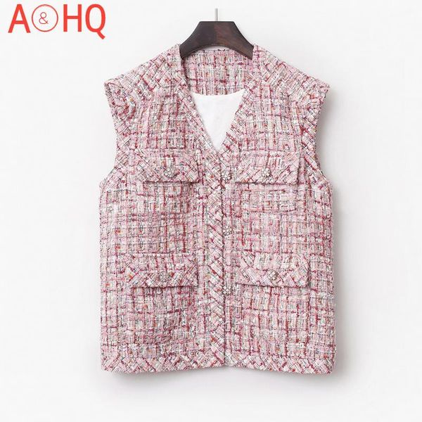 

women's jackets tweed jacket pink plaid sleeveless casual holiday autumn / winter short style small fragrance one piece, Black;brown