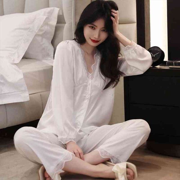 

lace pajamas suit with trousers women satin sleepwear 2pcs pjs sets v-neck shirt amp pants summer nightwear casual home clothes, Black;red
