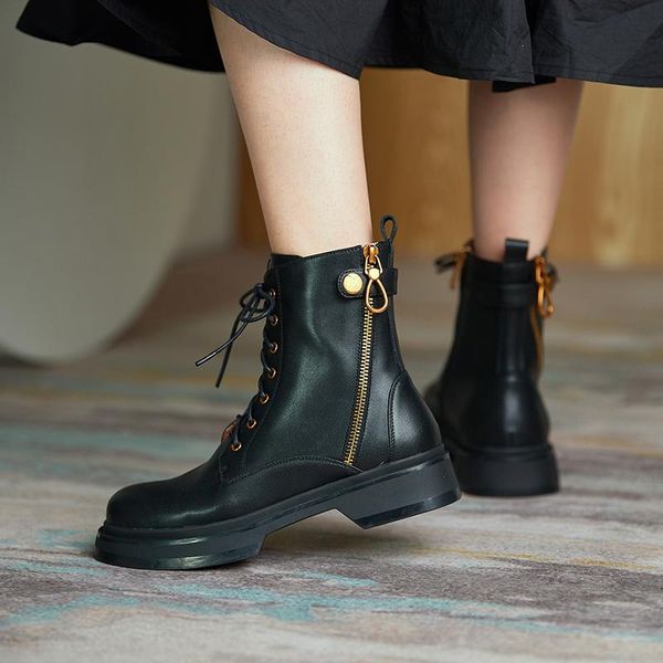 

boots genuine cow leathe flat bottom 2021 autumn zipper british style retro thick single ankle women, Black