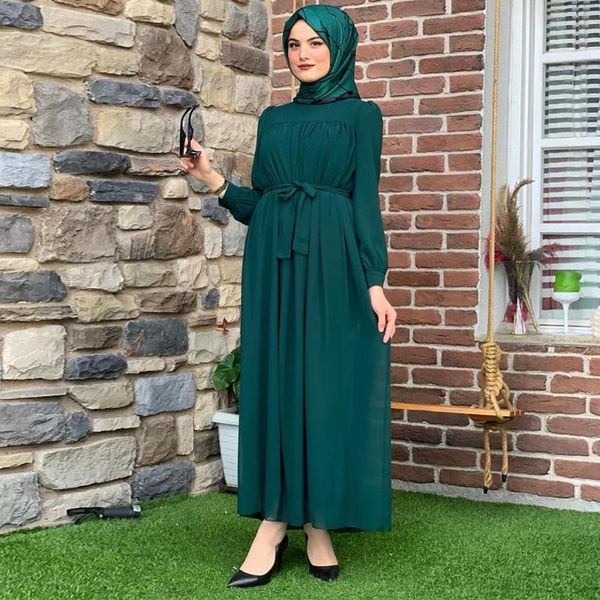 

casual dresses siskakia maxi dress fall 2021 solid o neck long sleeve elegant chiffon loose belted arabic turkey muslim clothes red, Black;gray