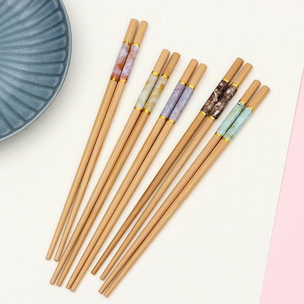 

disposable flatware 5 pairs chopsticks set marbling anti-skid chinese style sushi rice bamboo wood kitchen tableware dinnerware gift