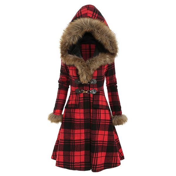

women's fur & faux winter 2021 plaid hooded alloy button slim fit long sleeve tweed medium and coat, Black