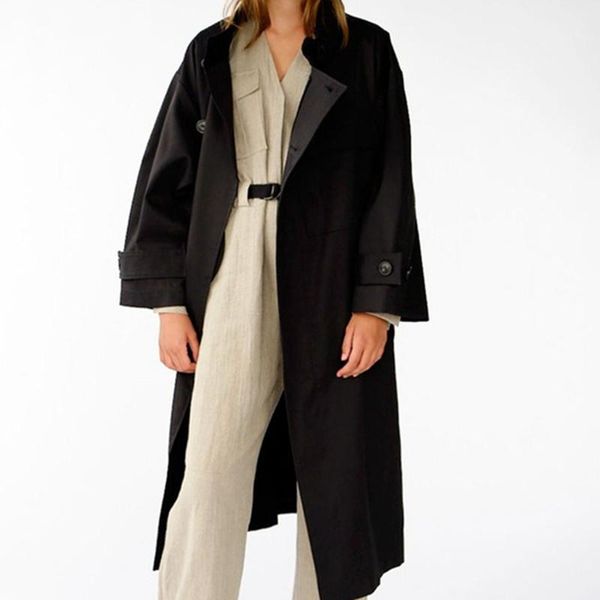 

women's trench coats two colors windbreaker women loose cotton autumn and winter 2021 pockets zipper buttons mid-length, Tan;black
