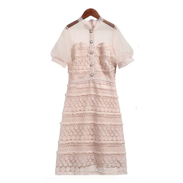 Rosa Mash Lace Stand Collar Pérola Curta Buff Manga Mini Vestido Elegante D1188 210514