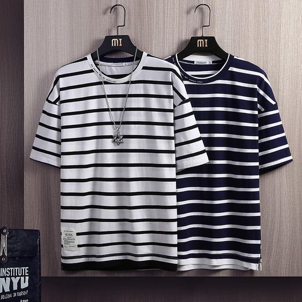 

men's t-shirts striped contrast short sleeve t-shirt trendy summer street hip hop loose retro couple personality cotton male top, White;black