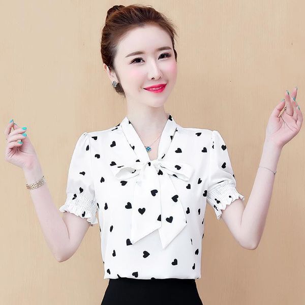 

women's blouses & shirts women spring summer style chiffon lady casual short sleeve bow tie heart printed blusas zz0392 mv85, White