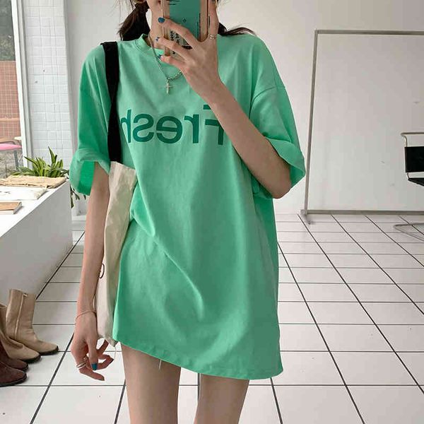 

6colors summer korean style letter print short sleeve t-shirt womens loose tees shirt femme (w63839) 210423, White