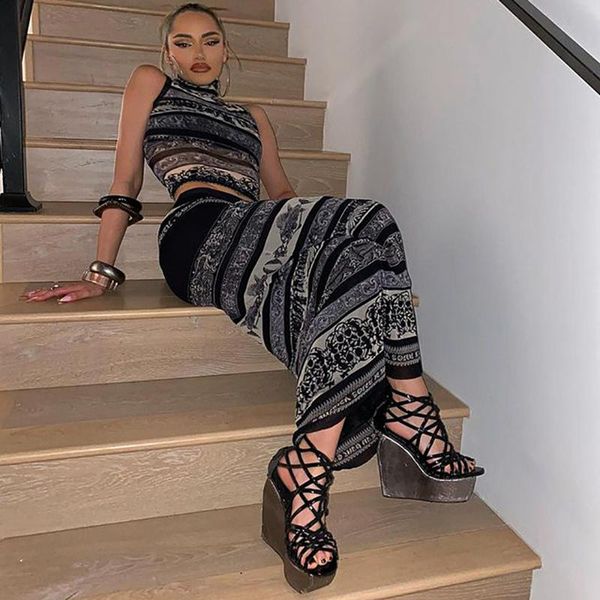 

women's two piece pants xllais womens vintage printed dress sets for women elegant casual sleeveless and long skirt suit streetwear, White