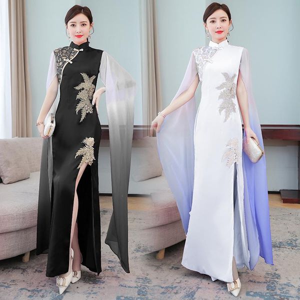 

casual dresses coigarsam women dress summer 2022 chinese style cheongsam sleeveless stand neck rose black white vestidos robe, Black;gray