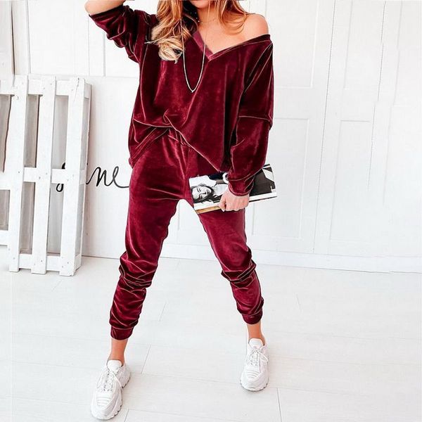

gym clothing loose elastic waist ladies sets drawstring loungewear women solid velvet v-neck long sleeve simple casual suit spring autumn, White;black