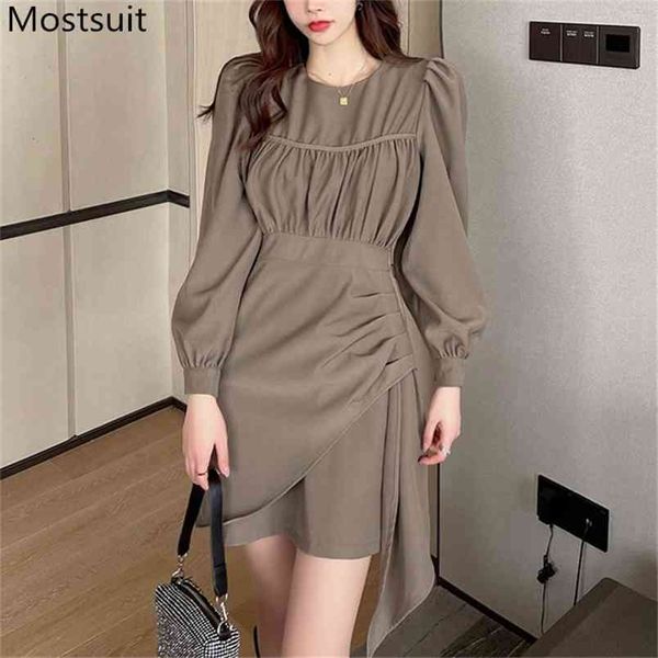

korean vintage women mini dress full sleeve o-neck asymmetrical a-line dresses spring autumn fashion ladies vestidos 210513, Black;gray