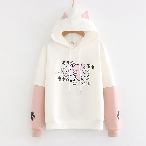 

women's fur & faux kawaii cat ear hooded hoodies women cute anime graphic sweatshirt teens clothes soft girls harajuku long sleeve, Black