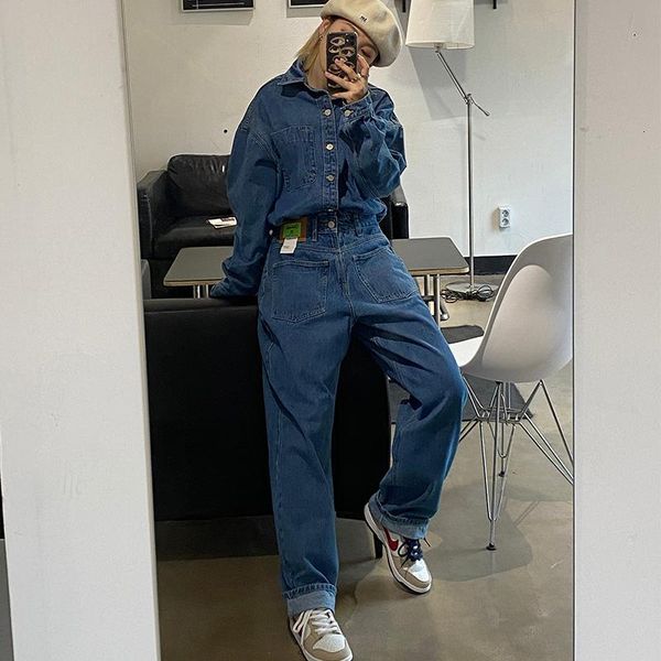 

men's jeans original solid streetwear one piece jumpsuit men and women oversize japanese retro casual overalls loose denim pants qbza, Blue