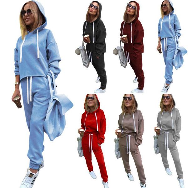 

autumn and winter new ladies women's two piece pants hooded solid color casual fashion comfortable, White