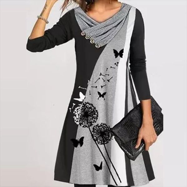 

casual dresses long sleeve loose printed button v neck dress autumn retro double layer collar women elegant female party vestidos, Black;gray