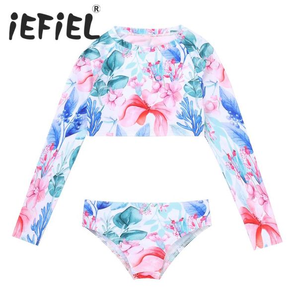 

one-piece suits kids girls swimwear swimming beachwear outfits long sleeves cropped and briefs beach swimsuits bathing suit
