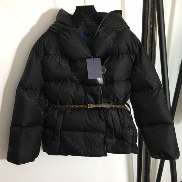 

designer women down jacket coats belt winter down coat brand girl zipper hoodie jackets super warm bread jacket stand-up collar logo printin, Black