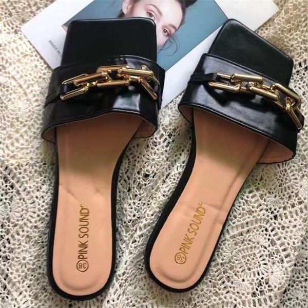 

design metal chain decoration casual slip on mules slides shoes women flat slippers nice summer outdoor beach, Black