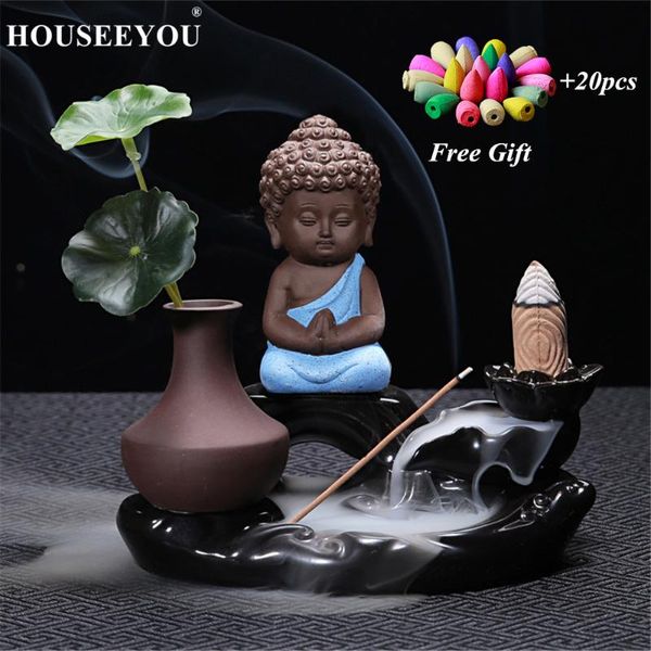 

fragrance lamps 20pcs incense cone + waterfall burner backflow buddha monk stick holder censer home decor buddhism aroma furnace