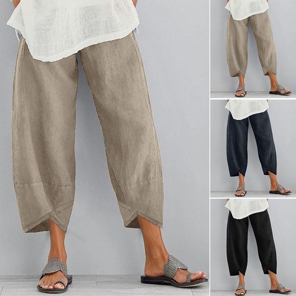 

women's pants & capris women pocket elastic waist linen summer vintage irregular hem wide leg trousers female casual loose oversized ha, Black;white