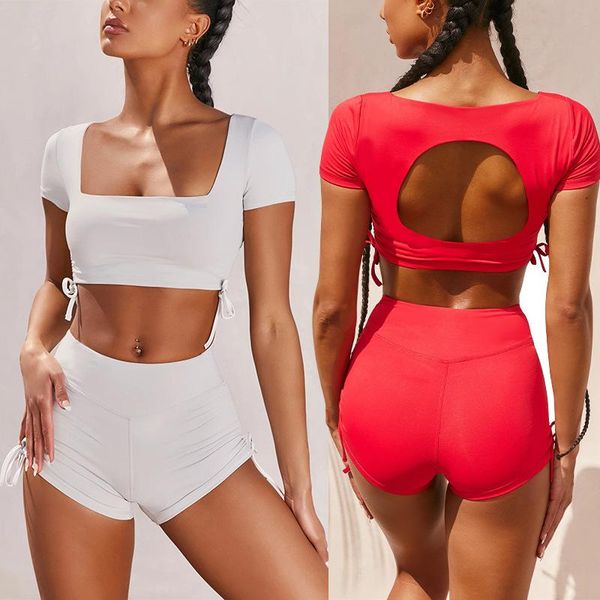

women's tracksuits 2021 square collar open back t-shirt + tight shorts suit sports, Gray